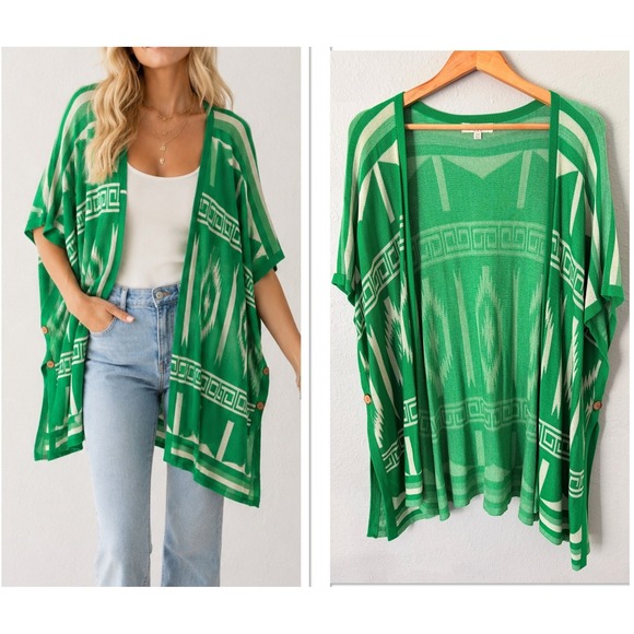 Umgee Sweaters - Umgee Womens Geometric Knit Kimono Cardigan S/M Green Southwestern Boho Resort